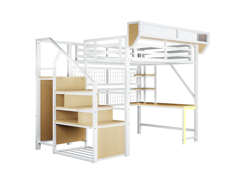  Lit mezzanine,140x200 cm,avec bureau, rangements, led et prises,métal,blanc  - Conforama D