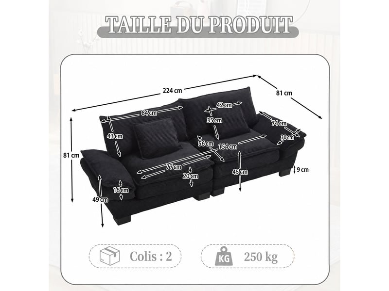 Canapé 2 places en velours noir, assise profonde 56 cm, canapé moderne pour salon - Conforama D