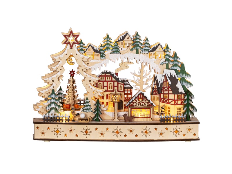  Village de noël lumineux, village de noël animé en bois, avec 20 led, 45l x 12l x 30h cm, paysage enneigé, bois naturel  - Conforama B