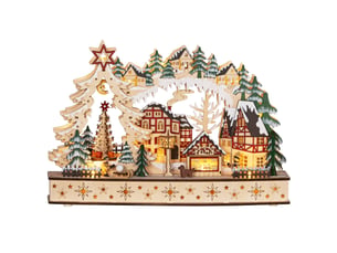 Village de noël lumineux, village de noël animé en bois, avec 20 led, 45l x 12l x 30h cm, paysage enneigé, bois naturel