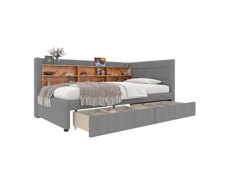  Lit banquette gris 90x200 cm en lin avec 2 tiroirs, ports usbtype-c et étagères  - Conforama A