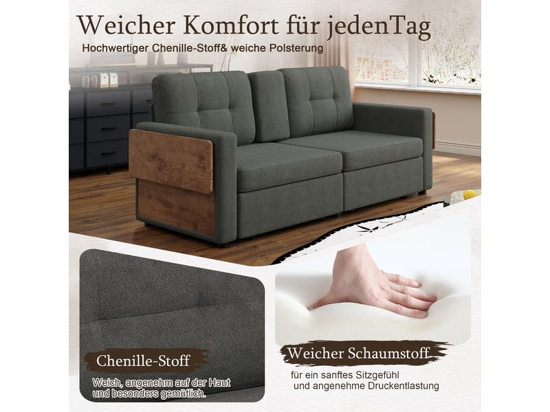  Canapé modulable 2 places avec 2 tiroirs,178x71x57.5cm,assise réglable,tablette ordinateur,porte-gobelets,tissu chenille,gris foncé  - Conforama E