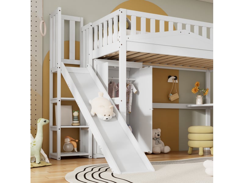  Lit superposé enfant 90x200 cm, avec toboggan, bureau et armoire, rangements intégrés, bois et mdf, blanc, sans matelas  - Conforama D