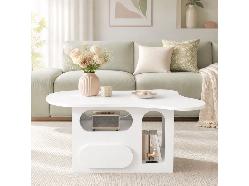  Table basse avec tiroirs et niches ouvertes - lpospi - plateau nuage, bords arrondis, panneau de particules blanc 97 × 45 × 43,5 cm  - Conforama B