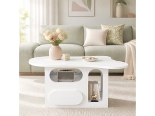 Table basse avec tiroirs et niches ouvertes - plateau nuage, bords arrondis, panneau de particules blanc 97 × 45 × 43,5 cm