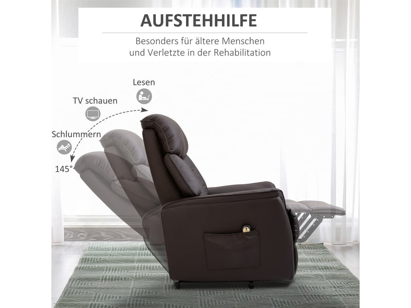  Fauteuil releveur électrique marron, fauteuil relax inclinable avec repose-pieds, aide au lever pour salon et coin lecture  - Conforama D