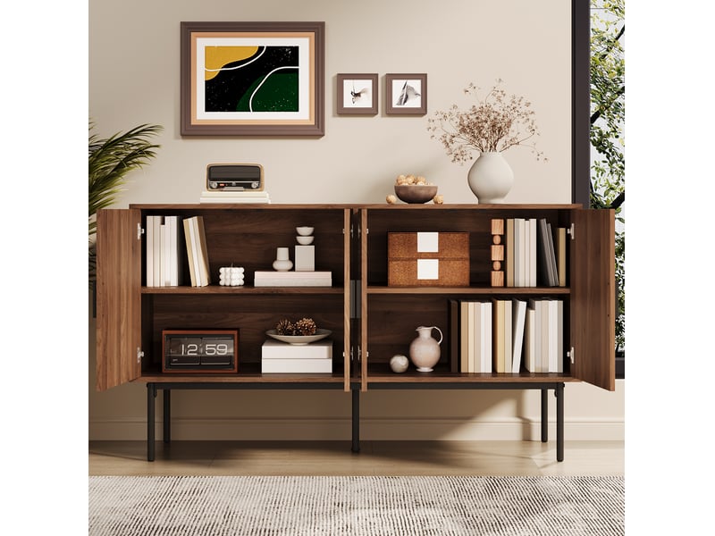 Buffet moderne 140x40x80 cm, avec 4 portes en rotin, grand espace de rangement, meuble de cuisine et salon, mdf naturel - Conforama B