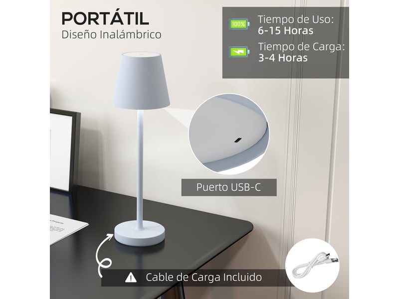  Lampe de chevet led sans fil, lampe de table rechargeable usb-c, 3 couleurs, ø 11,2 x 36,5 cm, grise  - Conforama D