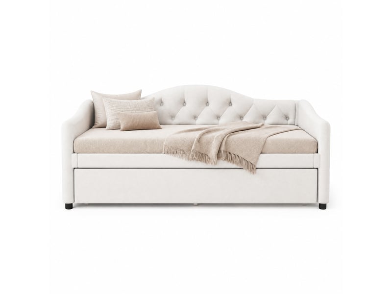  Lit gigogne 90x200 cm, banquette avec lit escamotable, en lin, beige, sans matelas  - Conforama A