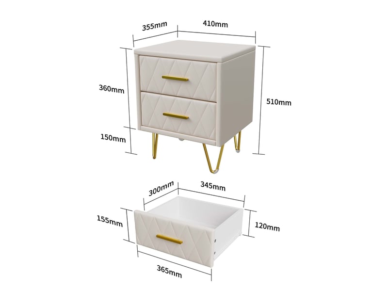 Lot de 2 tables de chevet 41x35,5x51 cm, 2 tiroirs, bout de canapé en tissu matelassé et pieds métal, velours, design moderne luxe, beige - Conforama E