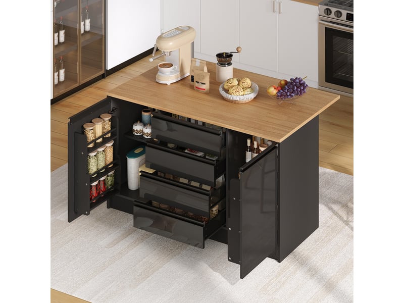 Îlot de cuisine 140 cm avec plan de travail extensible, meuble de rangement central avec 4 tiroirs et 2 placards, noir brillant et aspect bois. - Conforama C