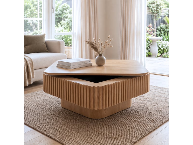  Table basse carrée bois naturel 75 cm - façade rainurée, rangement caché - placage bois massif  - Conforama E