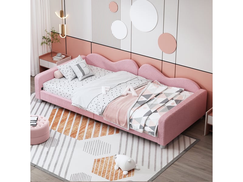  Canape lit 90x200 cm avec dossier et accoudoirs, lit enfant avec structure en tissu teddy, cadre de lit 1 personne en rose  - Conforama R