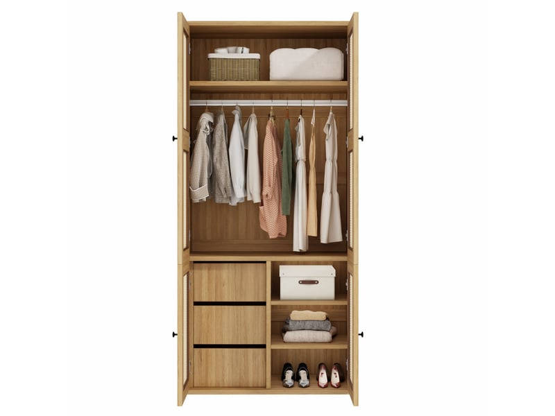  Armoire 4 portes 90 x 47 x 200 cm – chêne – cannage en rotin, 3 tiroirs, 4 compartiments et penderie  - Conforama A