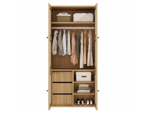 Armoire 4 portes 90 x 47 x 200 cm – chêne – cannage en rotin, 3 tiroirs, 4 compartiments et penderie