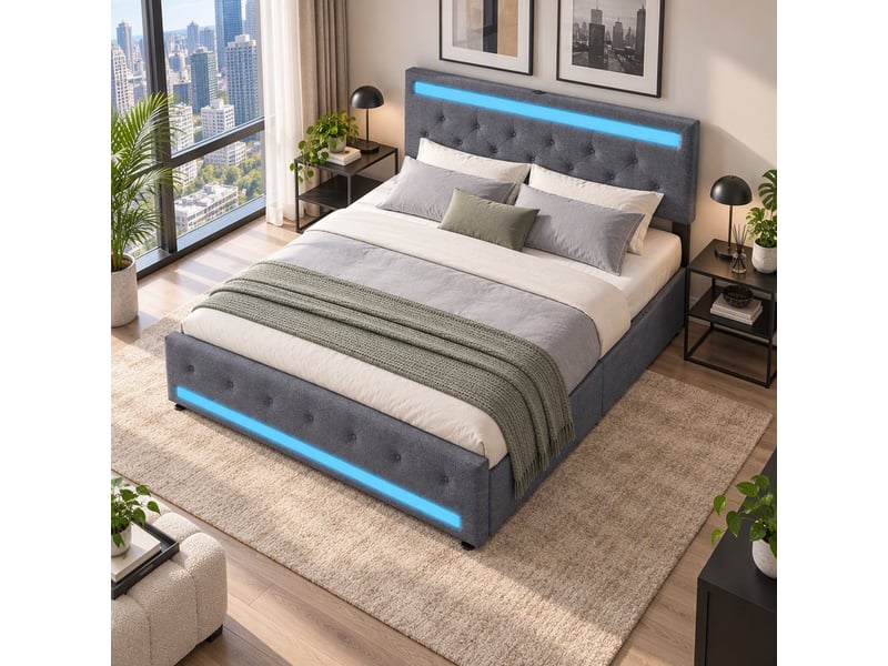  Lit adulte 2 places 140x190 cm avec rangement, tête de lit réglable, led, port usb, 4 tiroirs, lin gris foncé  - Conforama D