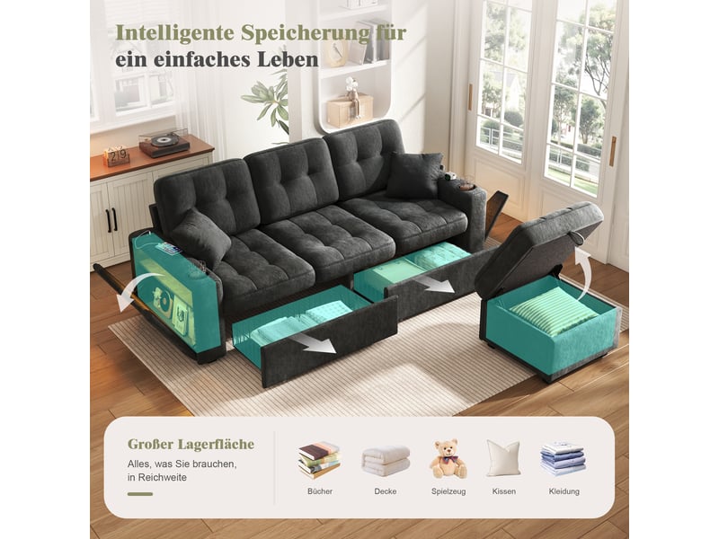  Canapé d’angle 3 places vec led pouf de rangement et ports usb et 2 tiroirs en chenille noir 194,5x133x83 cm BUYDEEMEUS - Conforama D