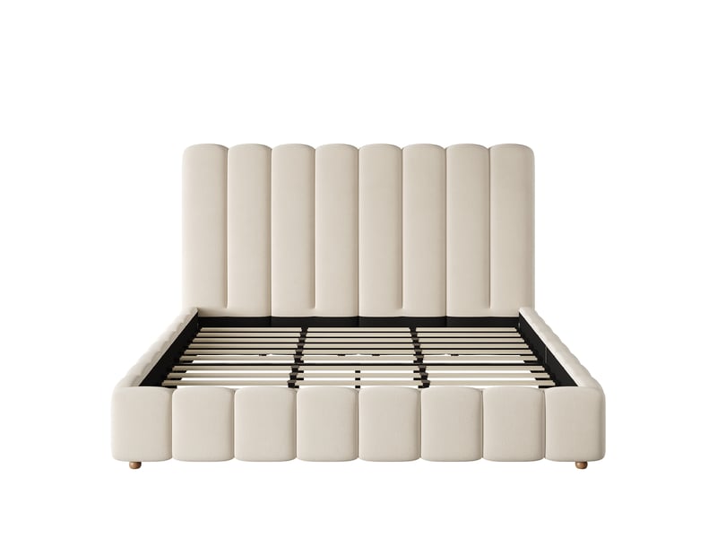  Lit tapissier 200 × 200 cm, velours, tête de lit rembourrée, sommier à lattes inclus, pieds en bois massif, beige  - Conforama A