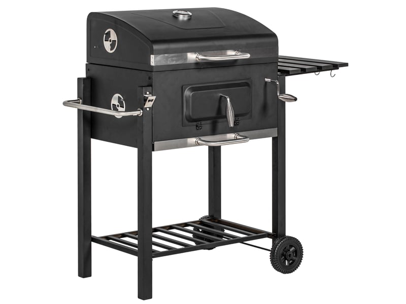  Grill barbecue charbon sur chariot en inox noir 113 x 65 x 108 cm – avec roues et rangements  - Conforama A