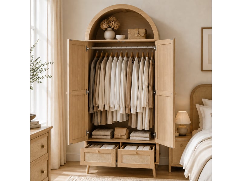  Armoire penderie hauteur 180 cm - 2 portes - 1 barre de penderie - 2 tiroirs - façades effet rotin - design arqué - mdf - chêne  - Conforama C