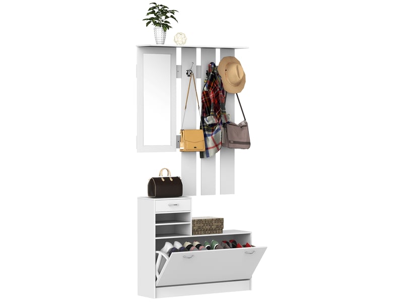  Ensemble entrée 2 pièces miroir, porte-manteau et rangement chaussures, 6 crochets, étagères, tiroir abattant, blanc  - Conforama B
