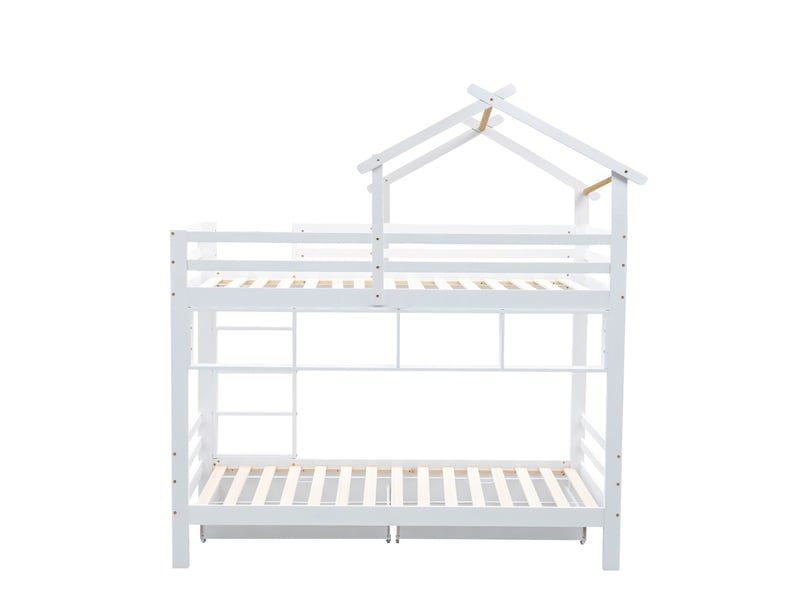  Lit superposé enfant 200×90 cm avec tiroirs, étagères et échelle à trois marches, sans matelas, en pin et mdf blanc  - Conforama E