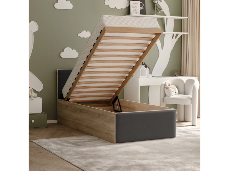  Lit coffre sashi - 90x200 cm - avec matelas - tissu velours - sonoma noir SASHI - Conforama C