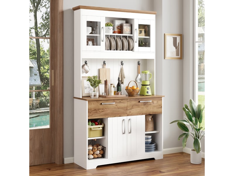  Buffet de cuisine vaisselier blanc et bois 106cm avec vitrine, tiroirs et crochets. Sans matelas inclus.  - Conforama D