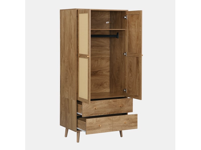 Armoire 2 portes 80x50x180 cm – noyer naturel – penderie, étagères, 2 tiroirs et pieds surélevés  - Conforama D