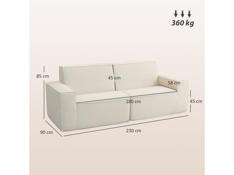  Canapé 3 places en velours côtelé 230 cm, canapé moderne, beige, pas de montage nécessaire  - Conforama C