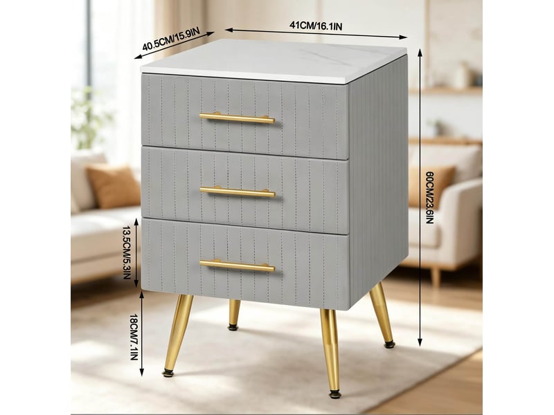  Table de chevet modenvie à 3 tiroirs en velours gris avec pieds métalliques dorés  - Conforama C