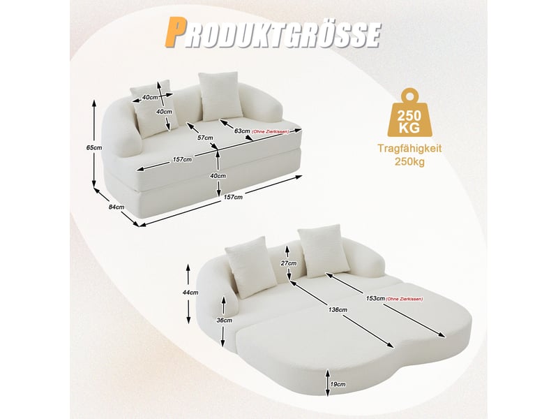 Canapé convertible 2 places 157*84*65cm en chenille beige avec deux coussins chicfurn - Conforama D