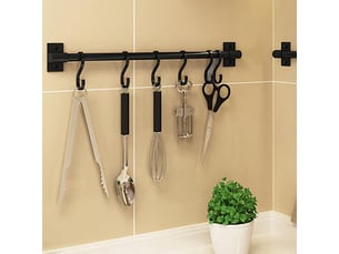 Rail de cuisine en aluminium noir pur avec 8 crochets - noir - simplicité nordique - rail de cuisine porte-ustensiles de cuisine porte-ustensiles, multicolore