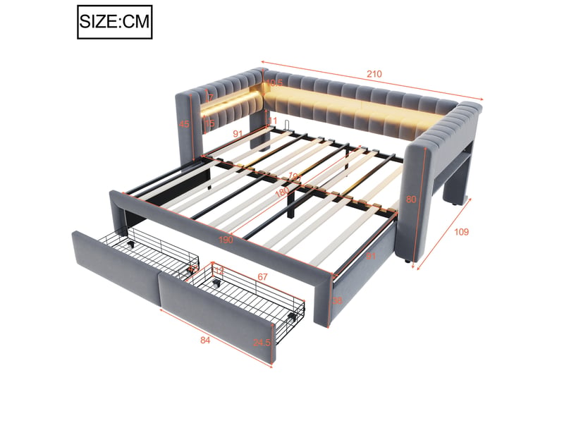  Lit plateforme 90 × 190 cm avec lit gigogne extensible, tiroirs, rangements, led, usb et type-c en velours gris foncé  - Conforama C