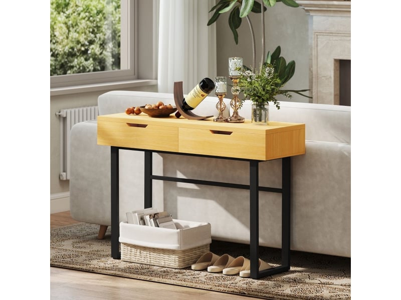  Table basse avec rangement 110 x 35 x 76 cm 2 tiroirs cadre métal format étroit finition naturelle  - Conforama B