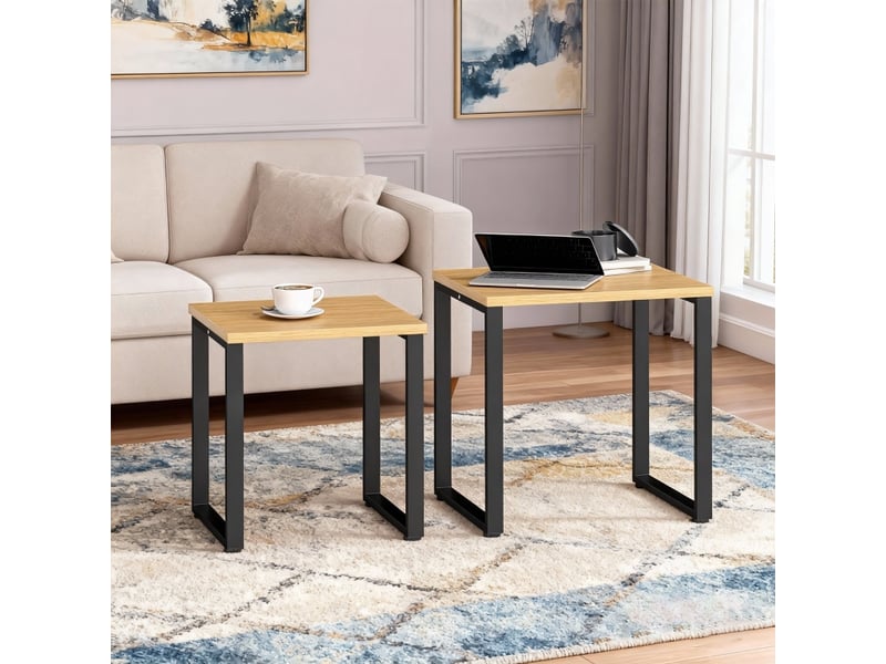  Tables basses gigognes 2 pièces en bois et métal pour salon 60×50×60 et 50×50×54 cm bois naturel  - Conforama B