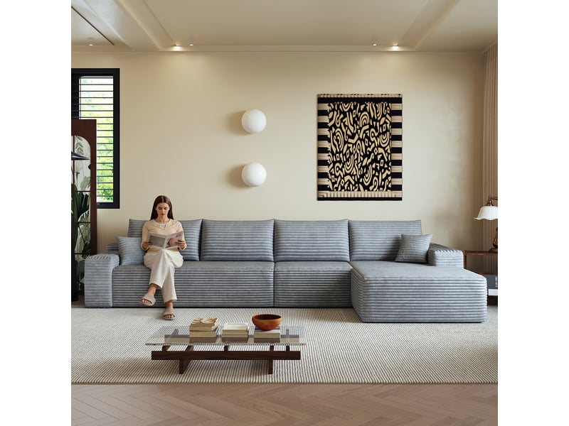  Canapé d'angle modulable 4 places en velours côtelé gris, 340 x 175 x 83 cm, méridienne droite, sans montage, livré compressé, assise profonde CARDUME ESTIVAL - Conforama E