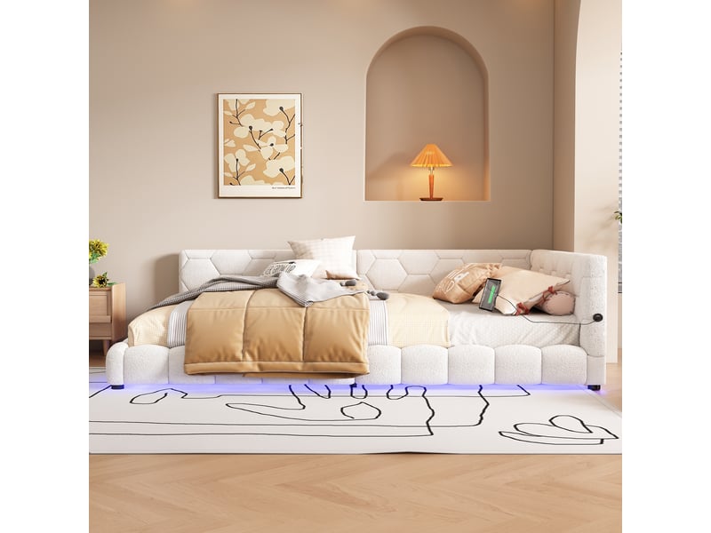  Lit de jour 140x200 canapé lit avec sommier en velours blanc avec led 16 couleurs et ports usbtype-c  - Conforama B