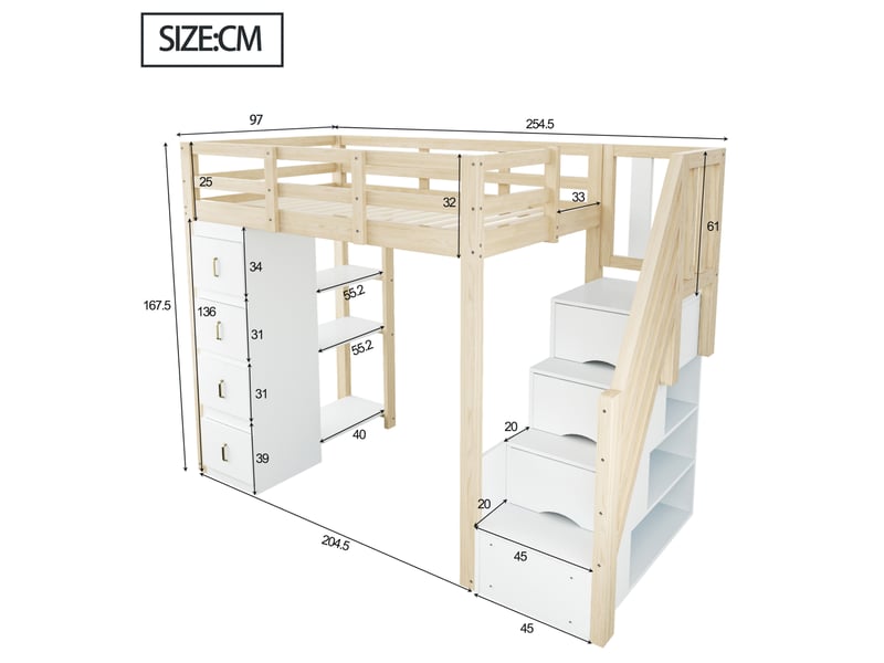  Lit mezzanine enfant 90x200 cm avec rangement intégré, escalier avec tiroirs, étagères, structure bois, naturel OMNIGLINT TRADING LTD - Conforama C