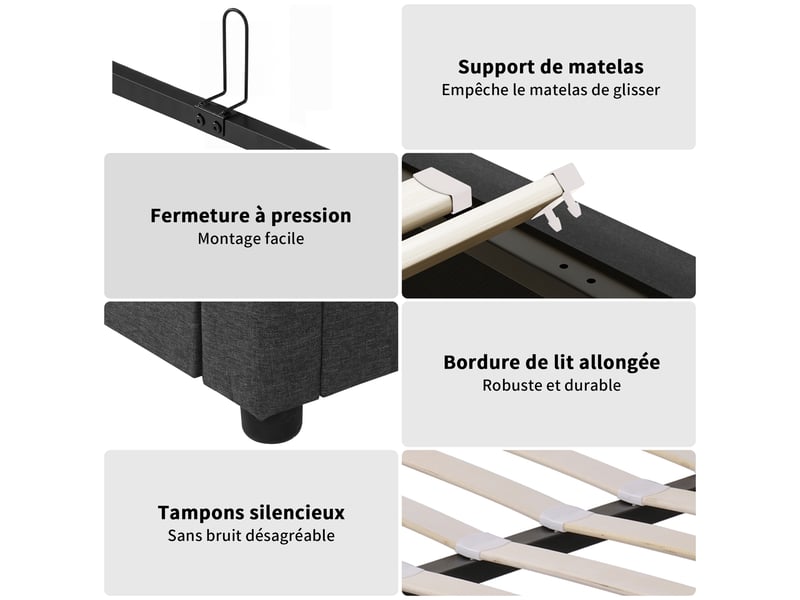 Lit double 140x190 avec led et tiroir, lit coffre avec 2 tiroir et led lit 2 places avec rangement et tête de lit rembourré cadre de lit capitonnée avec 2 tiroirs lit 2 personnes lin gris, sans matelas - Conforama R