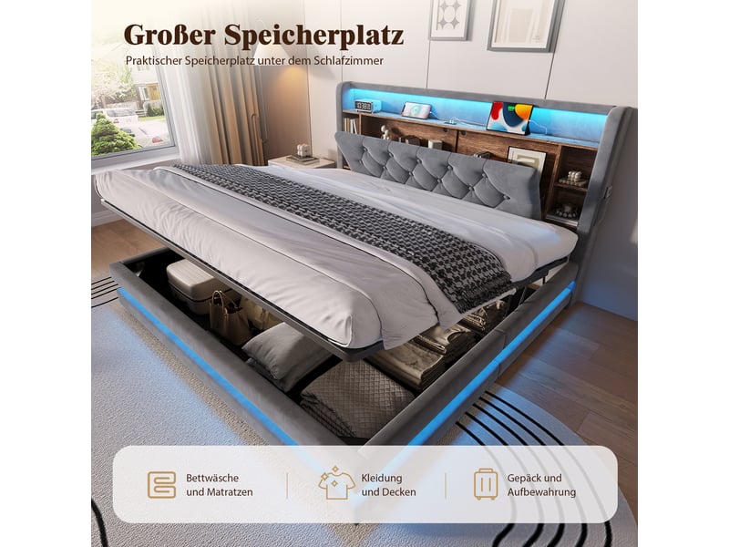  Lit coffre capitonné 160x200 cm en velours gris avec led, rangements et ports usb  - Conforama D