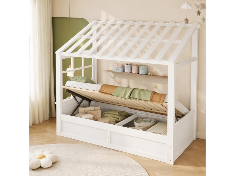  Lit enfant style maison de campagne 90 x 200 cm avec toit, fenêtre, rangement hydraulique et niches latérales blanc  - Conforama D