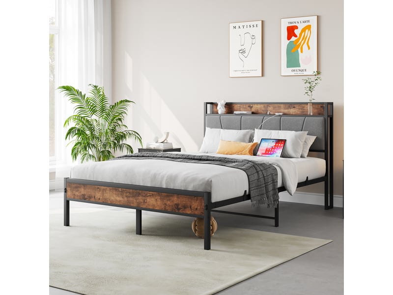  Lit adulte - avec éclairage led - avec port usb - structure robuste - couchage 120x200 cm - panneau de fibres de densité moyennemétal 216.6x121.2x98.3cm - Conforama E