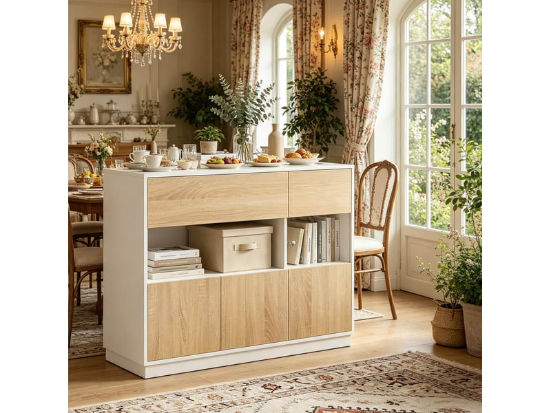  Buffet 100 x 80 x 40 cm blanc et chêne clair en bois d'ingénierie, rangement pour entrée et cuisine  - Conforama B