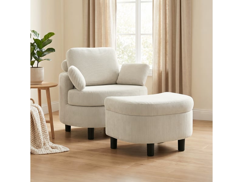 Fauteuil, chaise longue avec pouf de rangement, coussins blanc crème - Conforama C