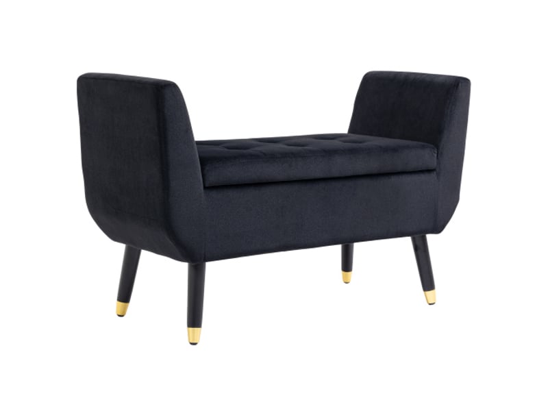  Banc coffre noir effet velours avec accoudoirs, rangement, bois d’hévéa, 107x42x65 cm  - Conforama A