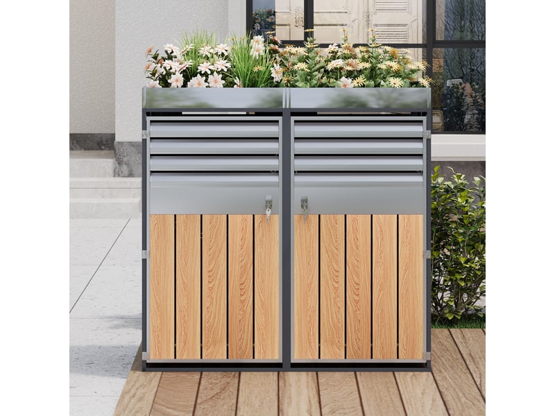  Placard à poubelles avec jardinière - gris et bois - acier galvanisé - verrouillable 132x80x124.5cm - Conforama B