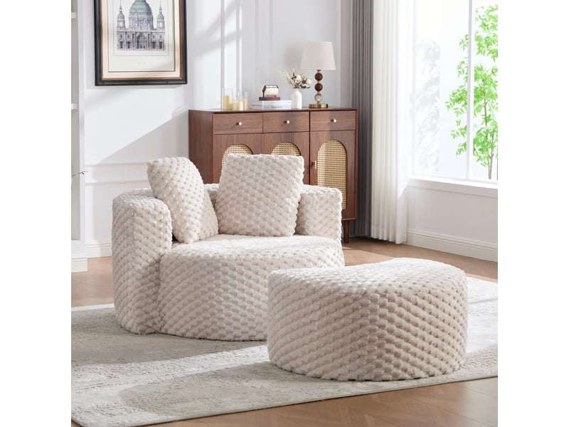  Fauteuil avec pouf design baril 360 avec assise ergonomique et confort relaxant, en tissu beige, 129 × 116 × 65 cm  - Conforama C