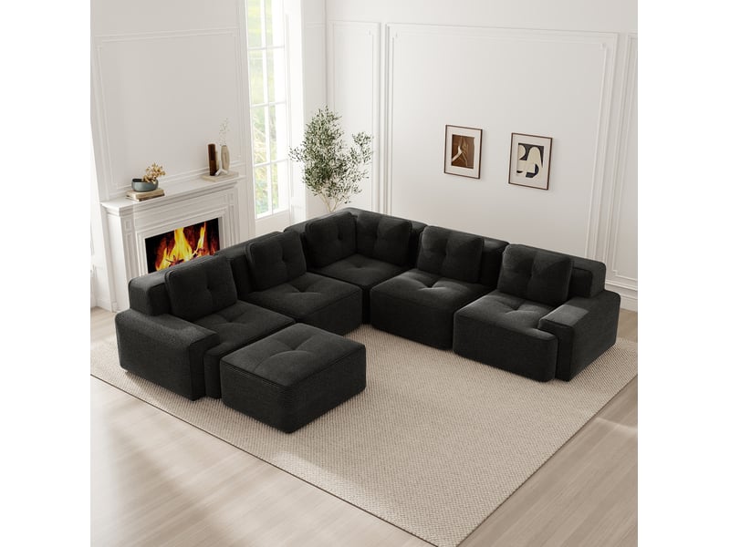  Canapé d’angle modulable 5 places en velours côtelé noir avec ottomane, 295 cm  - Conforama B