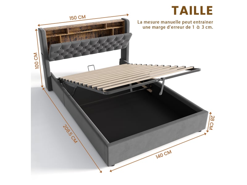  Lit rembourré gris 140 x 190 cm avec rangement hydraulique, étagère et ports usb-ausb-c  - Conforama E